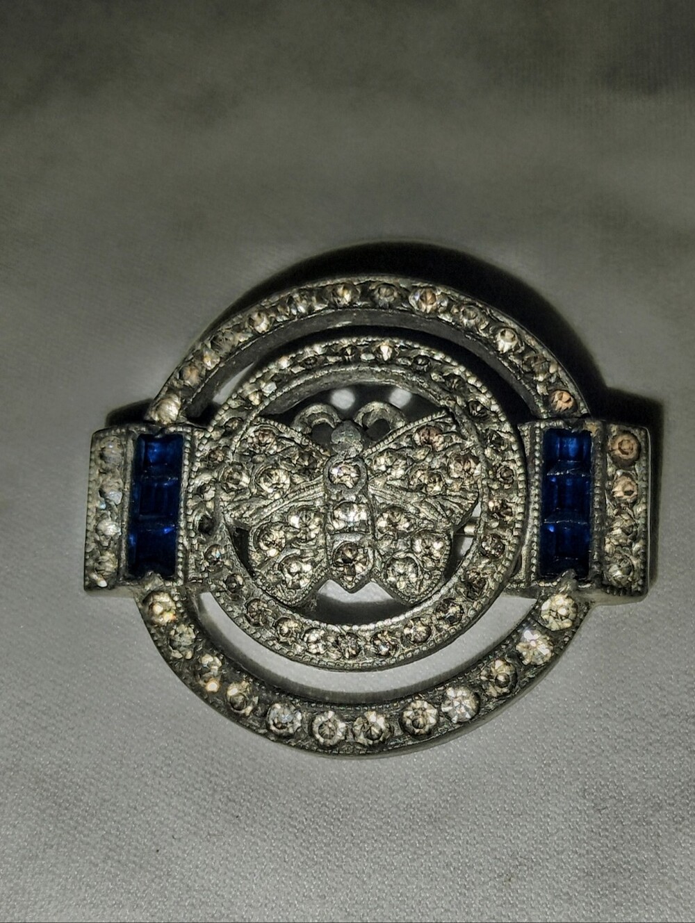 Vintage 1930s Art Deco Butterfly Brooch Pin Pot Metal Cobalt Blue Rhinestones